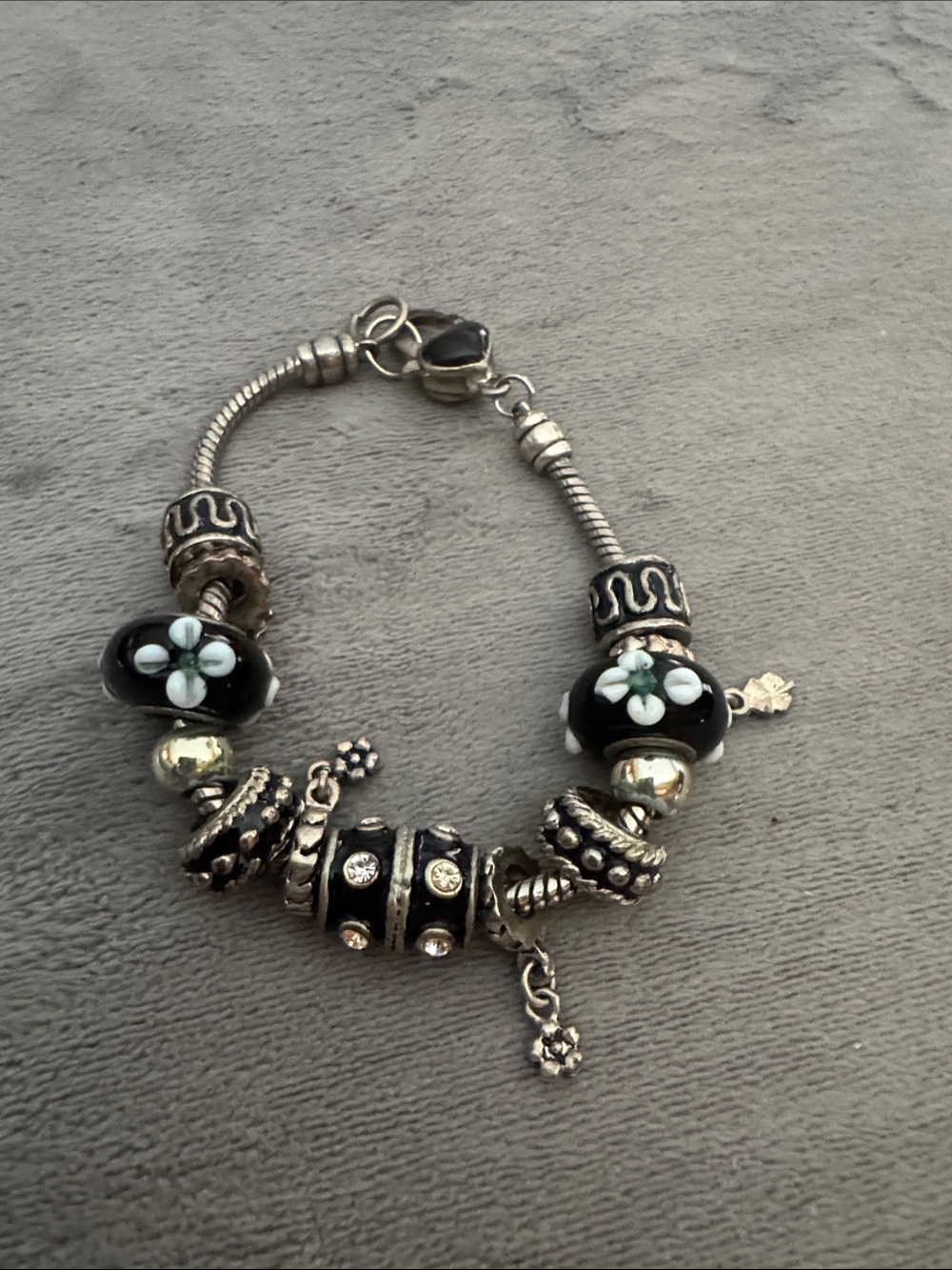 Silver-Tone Black Glass Floral Charm Bracelet
